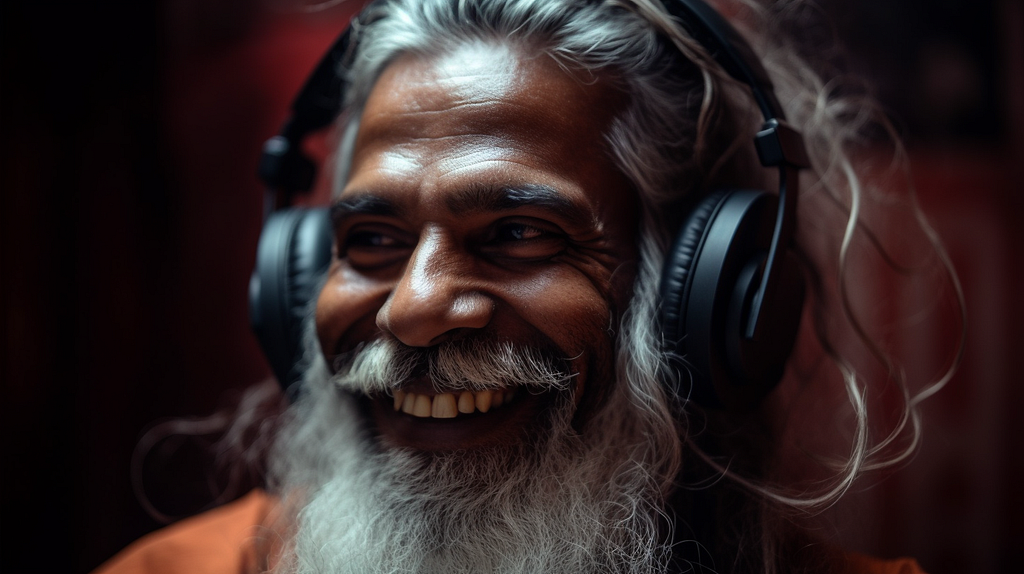 Indian man listening to music on headphones, smiling