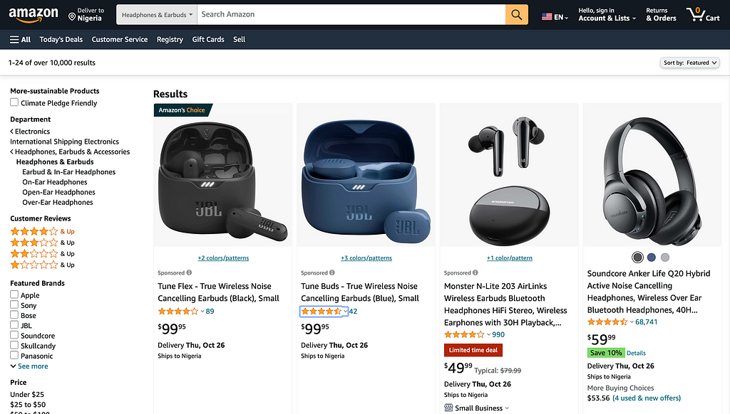 A picture showing amazon’s headphone category with advanced filters on the left side of the page