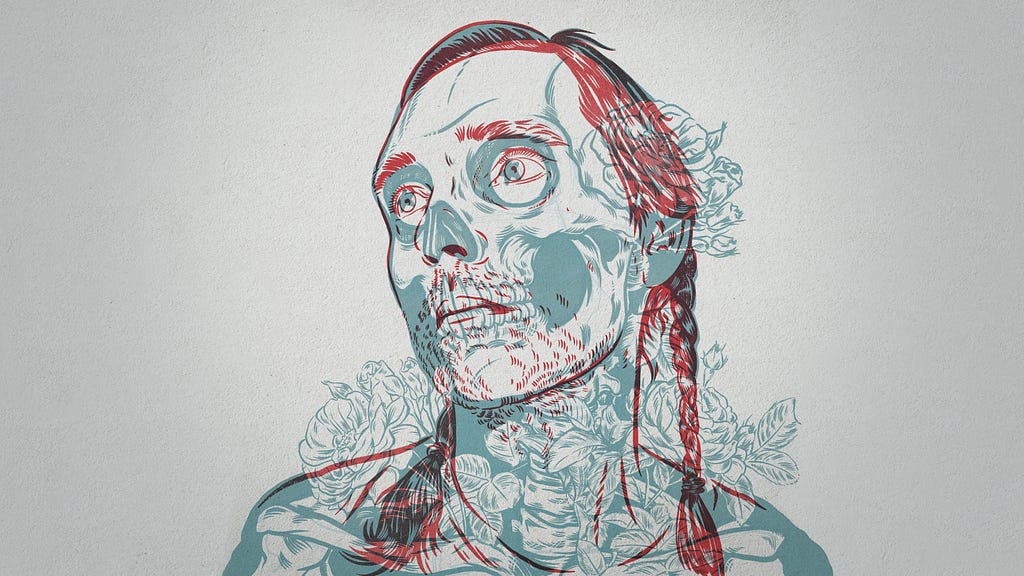 An illustration of R.M.Hendrix by artist Travis Knight portraying Hendrix’s skeletal system below his skin