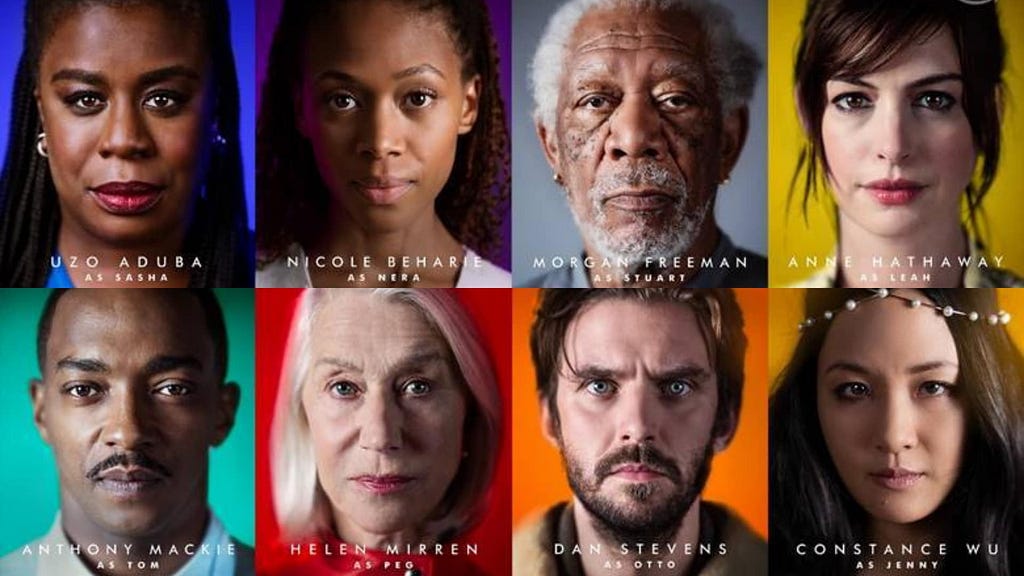 Elenco da série Solos (Divulgação/Amazon Prime Video) Anne Hathaway, Anthony Mackie, Morgan Freeman, Hellen Mirren, Dan Stevens, Uzo Aduba, Constance Wu e Nicole Beharie