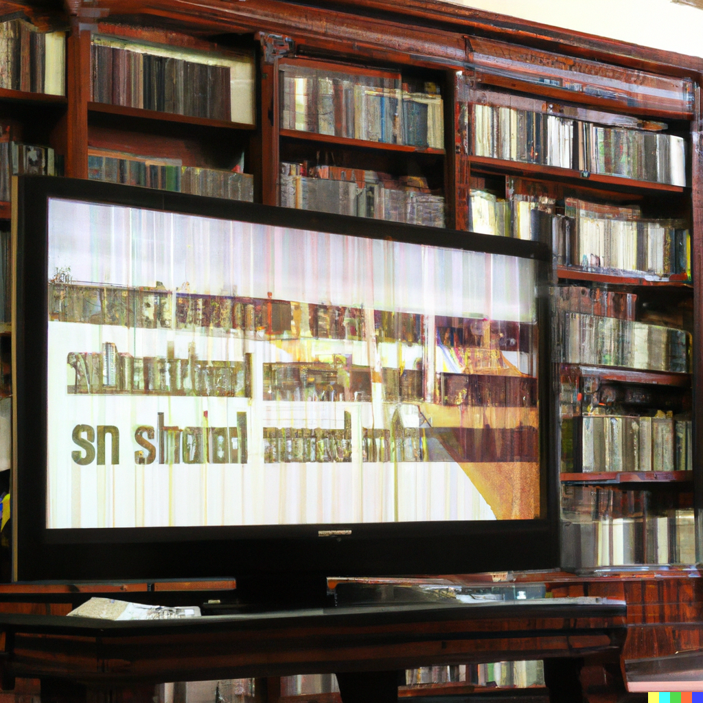 DALL·E 2023–04–08 11.08.11 — a huge library, british style, a small screen computer displays strange words