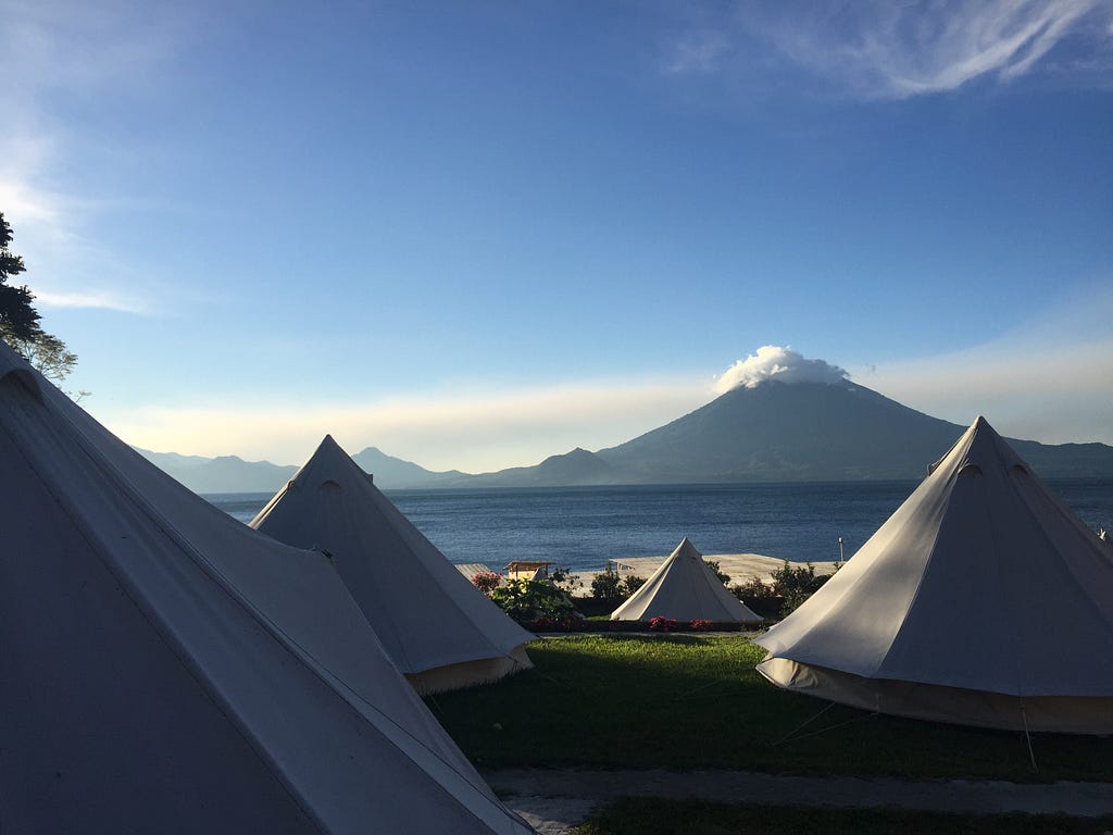 Sunrise at Lake Atitlan in Guatemala at the Free Cerveza glamping backpackers hostel on a beautiful sunny day