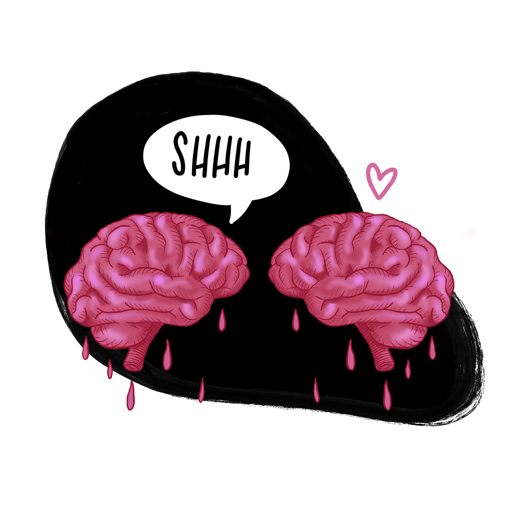 2 brains looking at each other one saying SHHH the other has a love heart over it