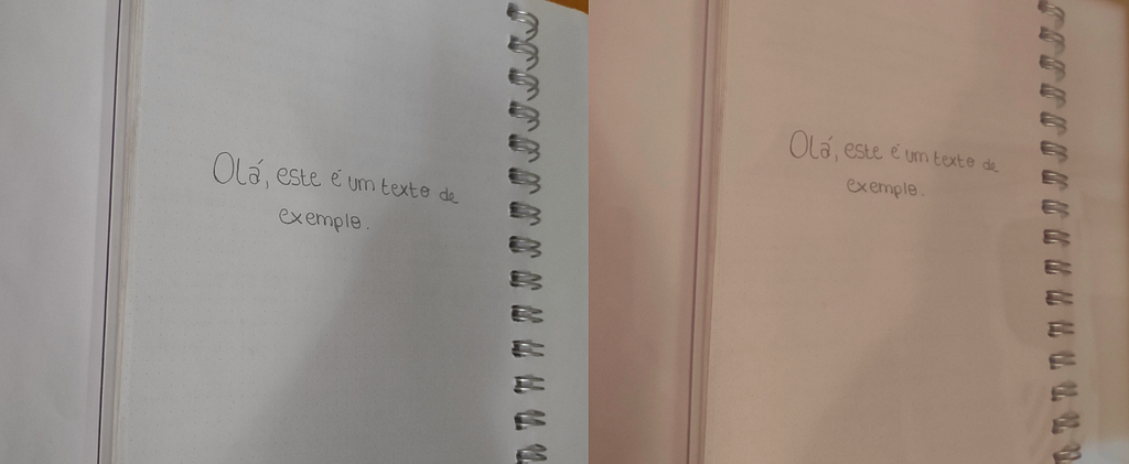 Duas fotos lado a lado sendo a primeira do meu caderno sem a lâmina de cor e a segunda com a lâmina na cor pêssego. Na segunda foto há menor contraste entre o fundo e o texto. O texto diz “Olá, esse é um texto de exemplo”.