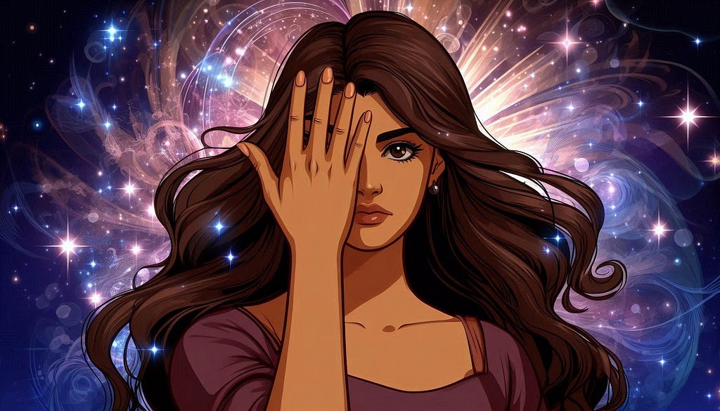A cartoon style image of a girl with dark hair, covering half of her face with one hand and cosmic background.