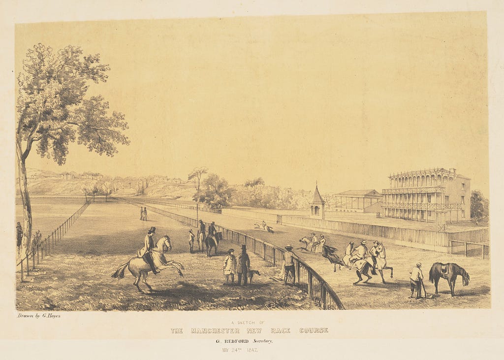 Sketch by G Hayes of Castle Irwell racecourse before opening. Empty stand and pavilion. A few horses and riders, some running