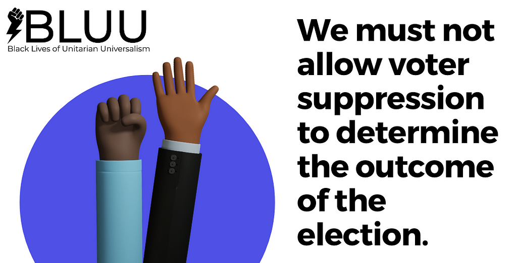 Two brown hands raised. One making a fist. Text: We must not allow voter suppression to determine the outcome of the election