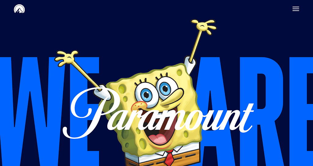 SpongeBob SquarePants on the homepage of Paramount Global exclaiming, “We are Paramount!”