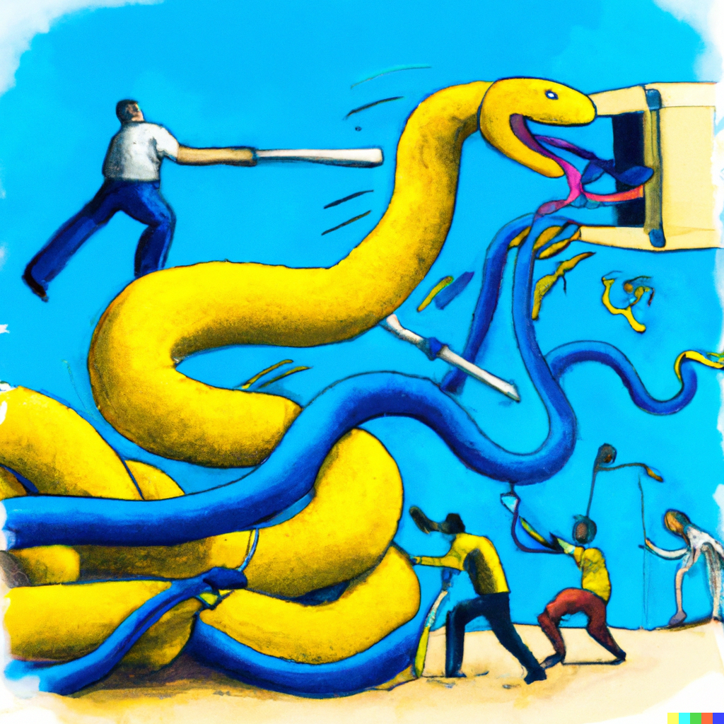 Programmers fighting blue and yellow snake monsters.