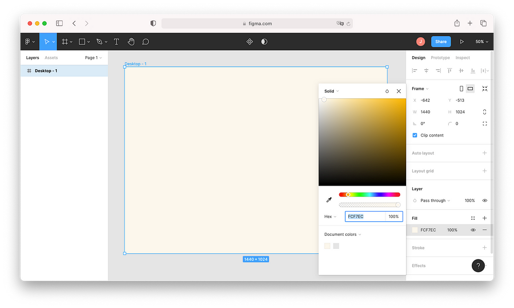 How to create a new file in Figma: create an image by clicking “Frame” or “F” to create your canvas.