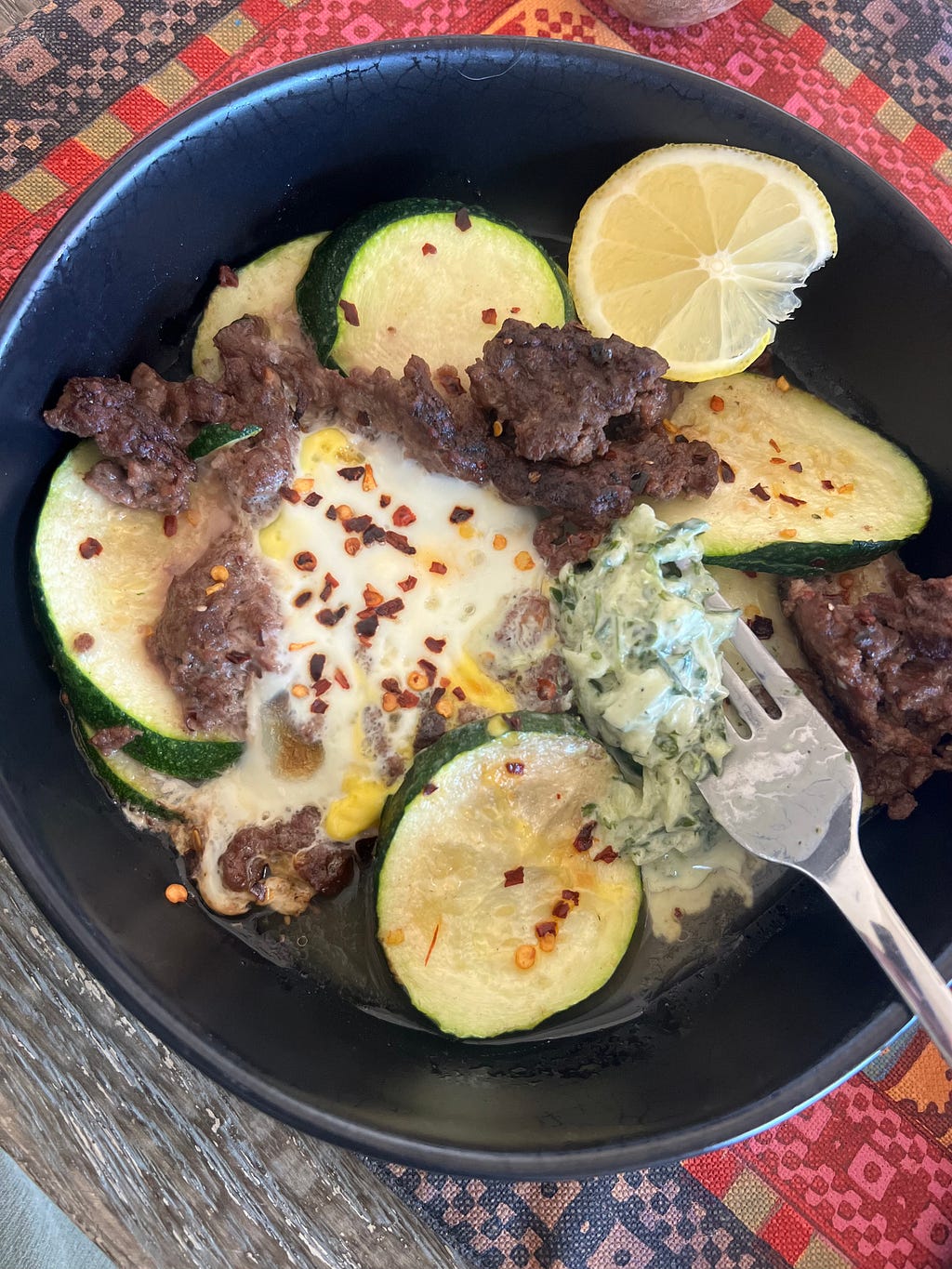 First meal of the day — Breakfast “Scramble” featuring Force of Nature Grass Fed, Pasture-Raised Venison and Beef Patties, organic zucchini, and a hen raised organic pasture fed egg on top. High fat low net carb meal. #KetoFriendly