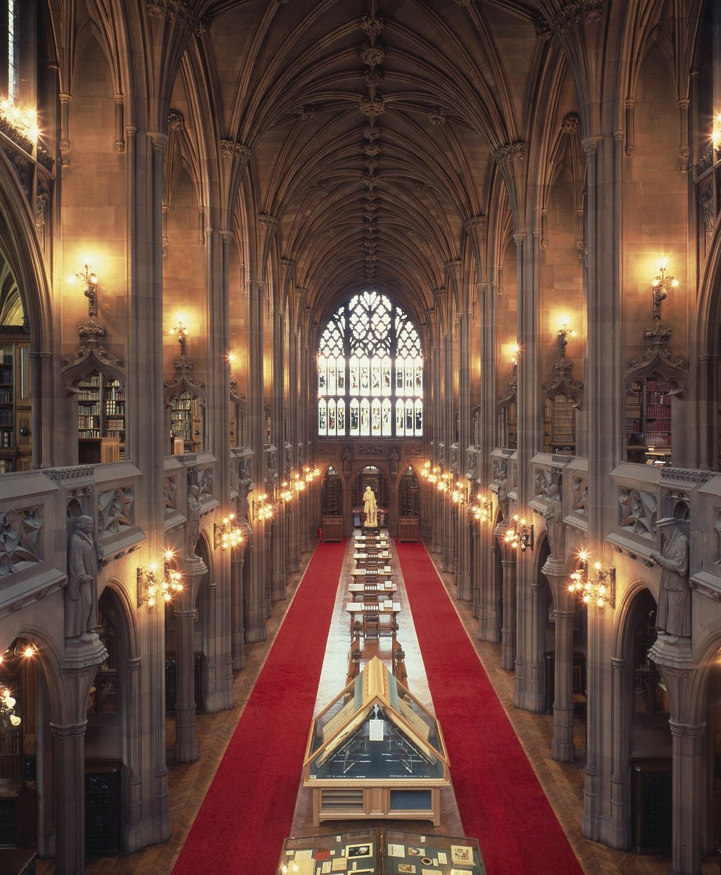 Long view of the John Rylands Library Historic Reading Room featuring neo gothic architecture.