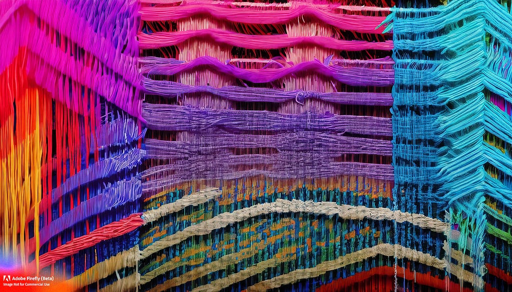 Adobe Firefly generated image with the prompt: Generate an image of a loom weaving threads into a patterned tapestry, where the threads are lines of code, showing how Generative AI weaves together different threads of data to form a coherent output. Use a palette of vibrant colors to represent the variety of data.