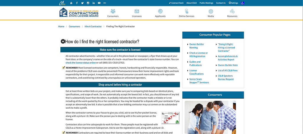 Screenshot of the current CA.gov “Hire a contractor for home improvements” page.