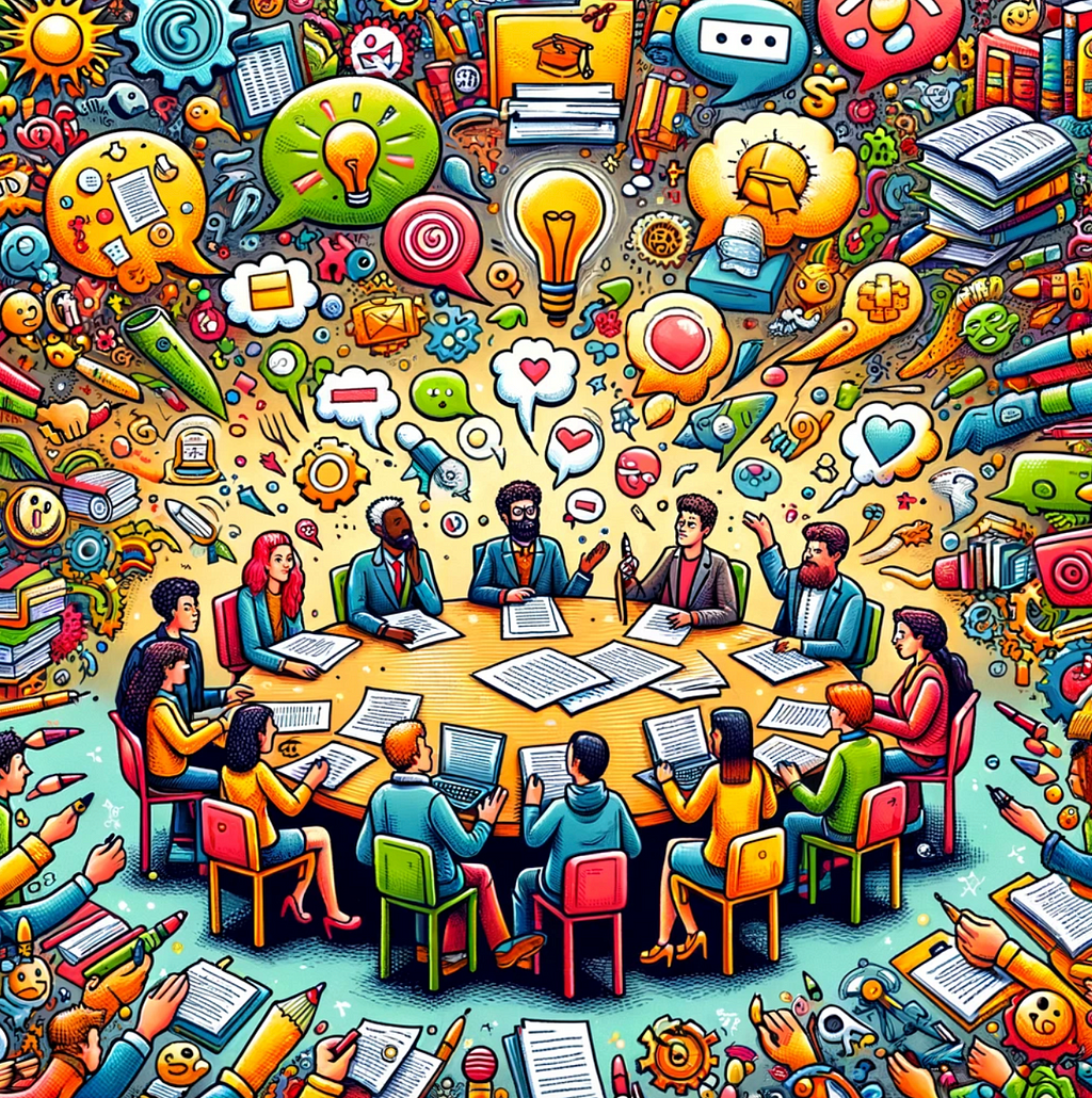 A bright and engaging doodle that whimsically illustrates the academic peer review process. The scene is lively and filled with color, showing a group of academics around a circular table, each with a stack of papers or a laptop in front of them. Above the table, cartoonish thought bubbles or speech balloons depict their comments, critiques, and suggestions, floating up to form a collaborative cloud of feedback.