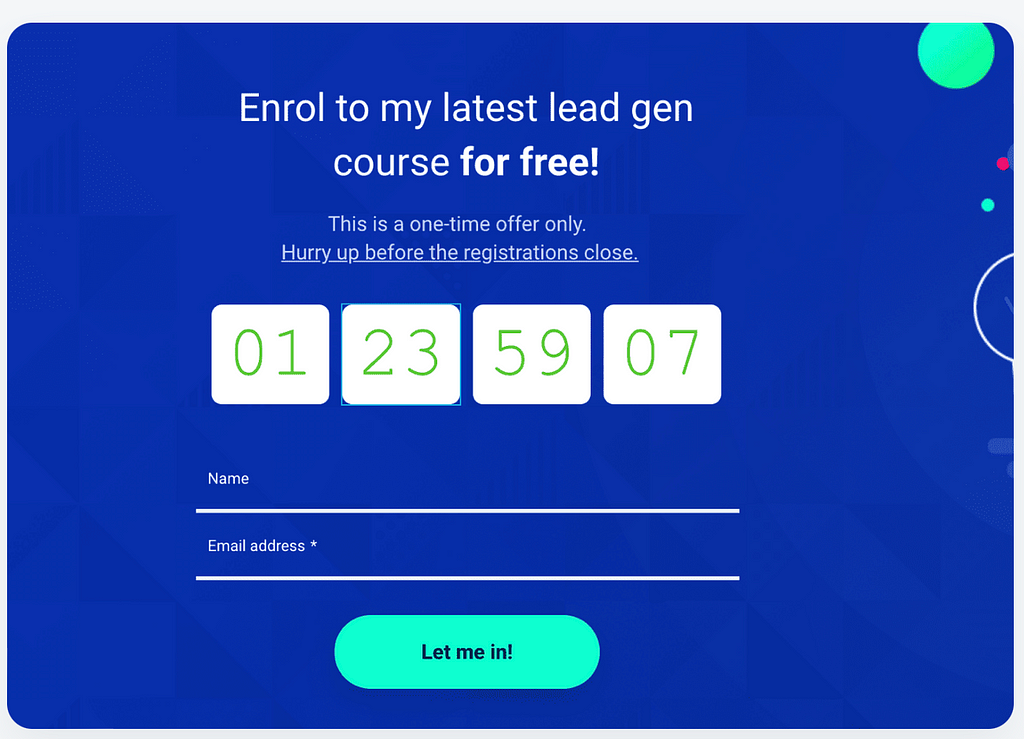 A form for enrolling into a lead generation course by sharing your name and email address, with a timer, and a statement implying that this is a limited time offer.