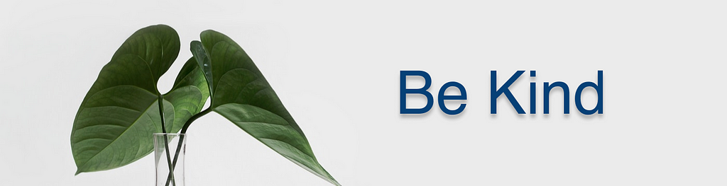 on  gray background there is an image of plant with 2 leaves on the left, on right there is text that says ‘Be Kind’