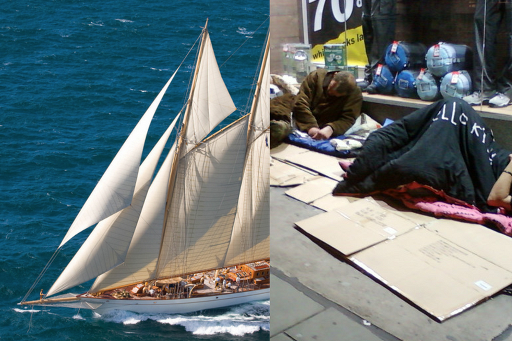 A split image of a superyacht under full sail and rough sleepers in a shop doorway