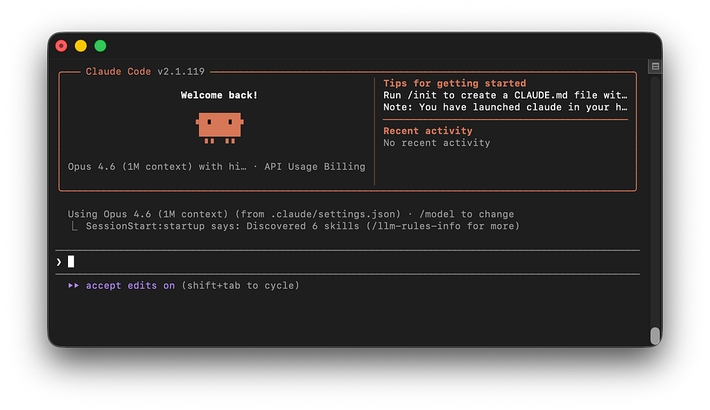The Claude Code command line interface — black screen with white text