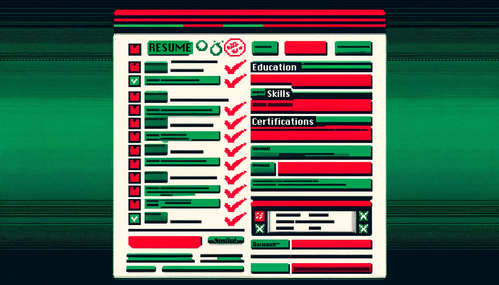 An 8 bit quality image of a resume with some areas highlighted in green and red