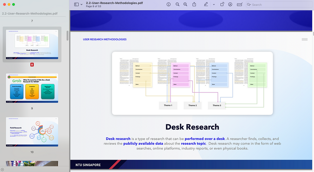 An example of a slide deck provided by course instructors, featuring a slide containing the definition of “Desk Research”.