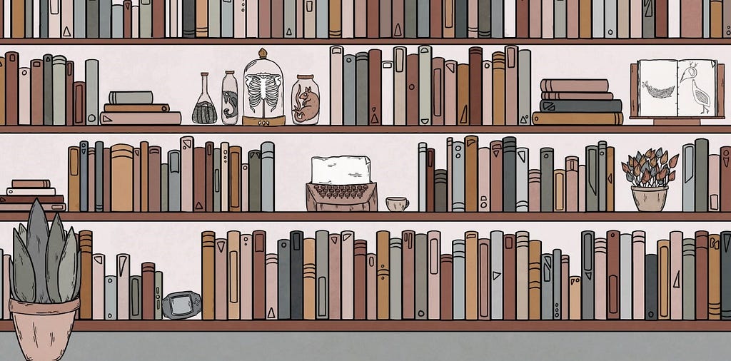 A bookshelf in muted brown tones is filled with assorted books, glass jars containing body parts, an old typewriter, and a teacup.