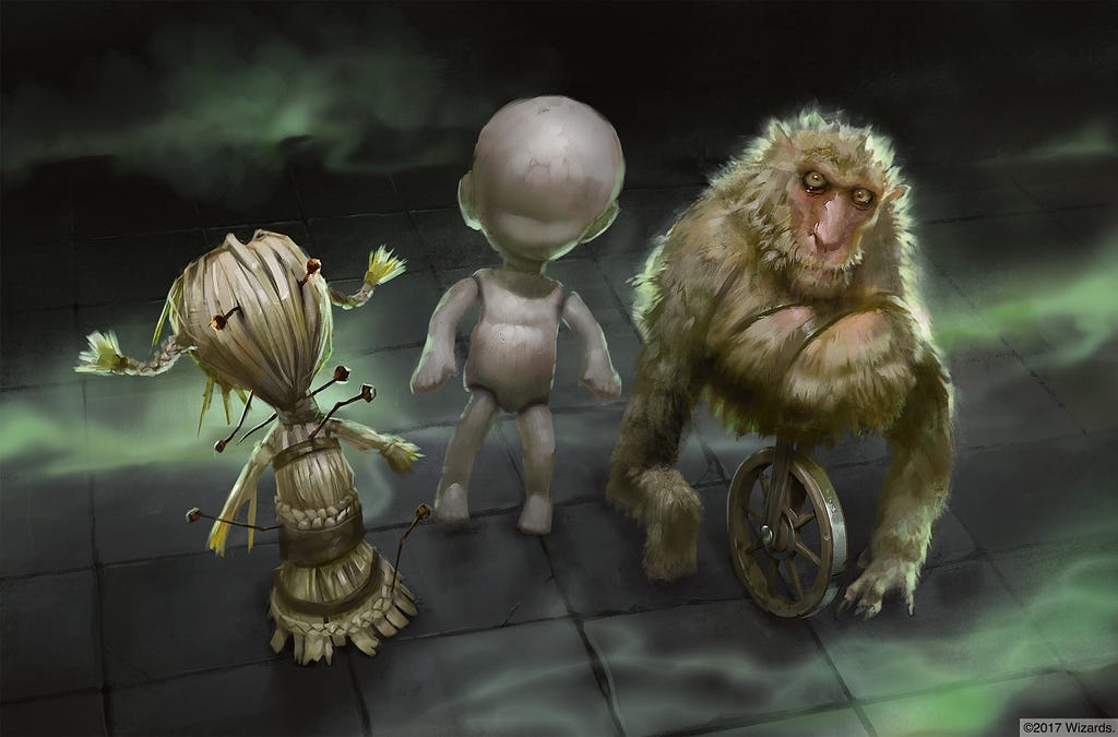 Three dolls, one of straw, one of clay, and one a monkey on a wheel, ominously stand by.