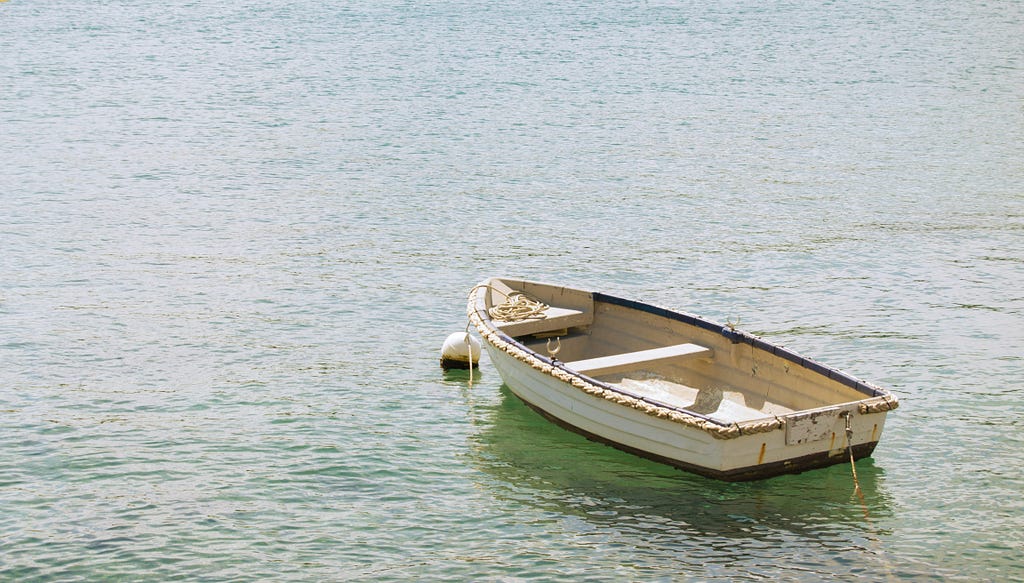 Empty vintage rowboat on a lake