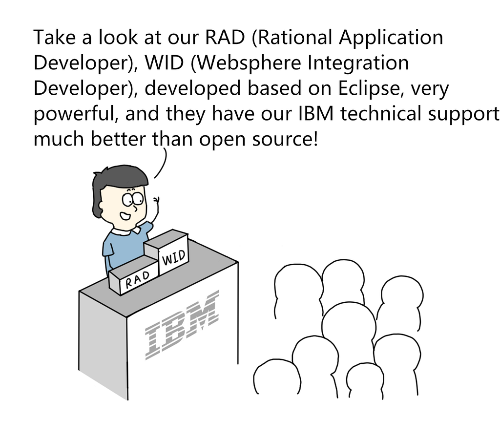 ibm — take a look at our rad — rational applciation developer, wid, websphere integration developer, developed in eclipse. very powerful, and they have our ibm technical support. much better than open source