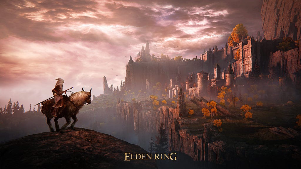 Screenshot of Elden Ring, featuring the player character on a mount overlooking a valley towards a castle.