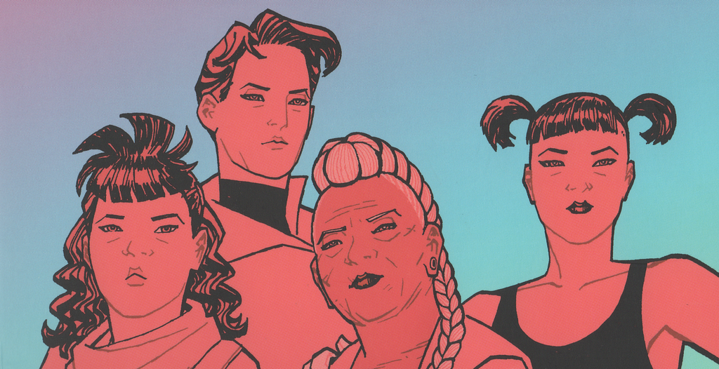 Four women of different ages from the Paper Girls series standing together.