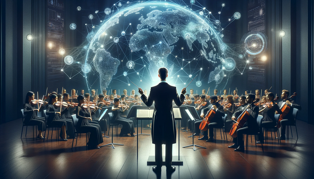 Image depicting a Maestro in traditional attire conducting a diverse, multicultural orchestra. The musicians, both men and women from various ethnic backgrounds, are playing futuristic instruments. Behind them, a digital world map illuminated with interconnected digital elements emphasizes a theme of global connectivity. The scene is set against a modern and futuristic backdrop, and the image is free of any text.