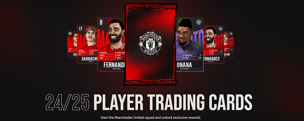 Manchester United 24/25 Player Trading Cards banner showing red pack and cartoon player cards.