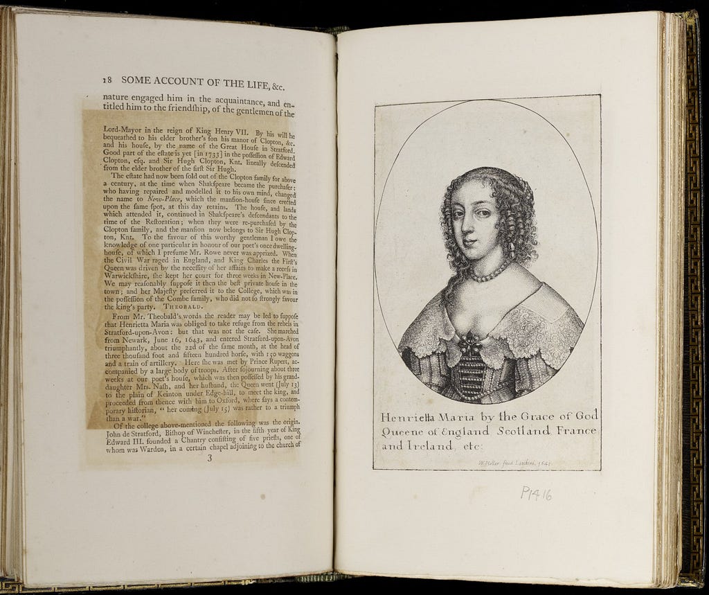 Black-and-white illustrated portrait of Queen Henrietta Marie in a Book