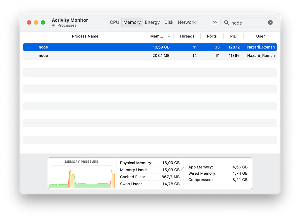 Memory consumptions of the server on peak.