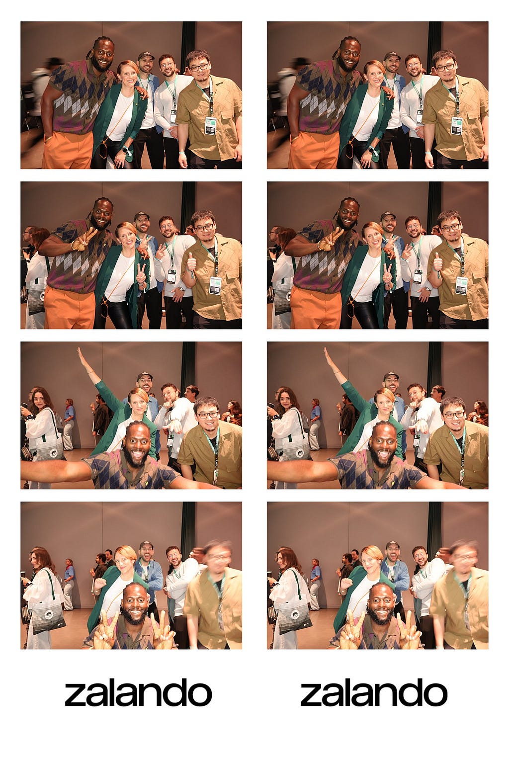 Two side-by-side strips of four photos each, showing a group of people striking different playful poses.