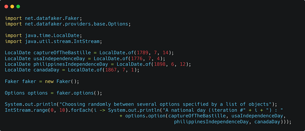 Copie d’écran du code pour une sélection aléatoire parmi plusieurs dates avec la méthode option()