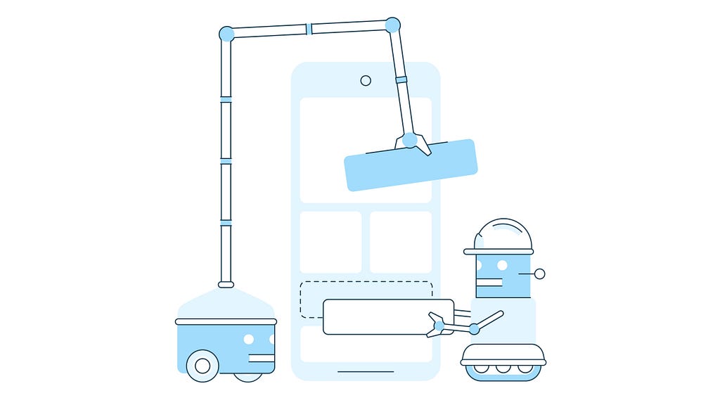 Robots work together to rebuild a component within a phone’s UI.