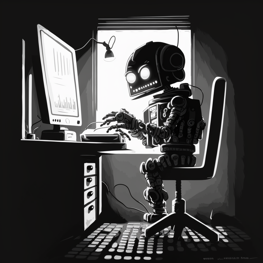 Midjourney: noir cartoon humanoid robot typing on a keyboard at a computer workstation