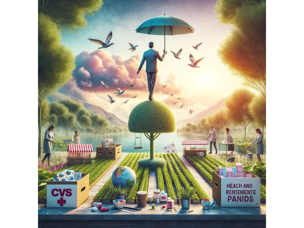 An image depicting the work-life balance at CVS, showing an employee enjoying personal time and professional satisfaction, symbolized by protective and nurturing imagery like an umbrella and a growing plant.