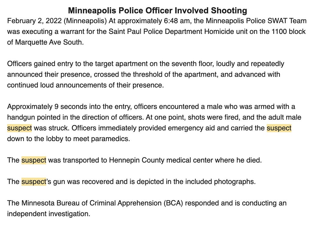 Screenshot of the Minneapolis Police Department statement on the shooting of Amir Locke