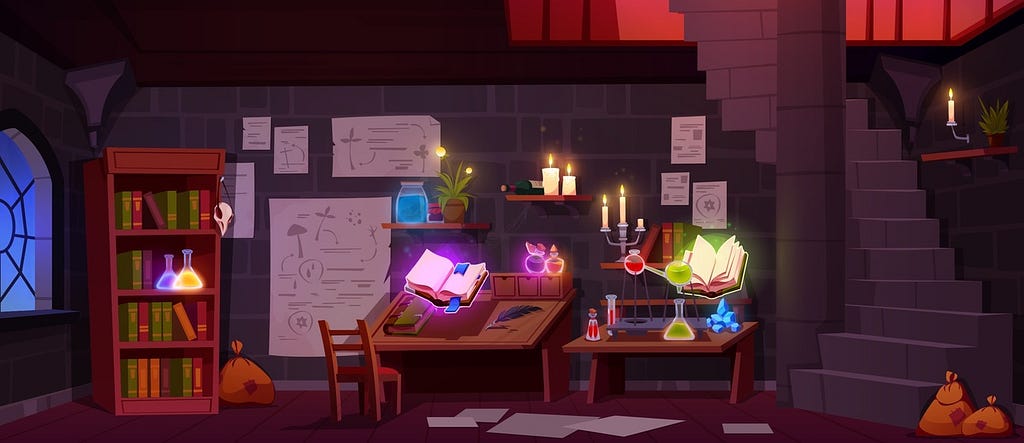 Image: An alchemist’s workroom filled with books and glowing potions, with schematics on the wall for… something.