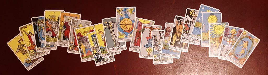 The tarot’s twenty-two major arcana cards arranged in a wavy line from left to right
