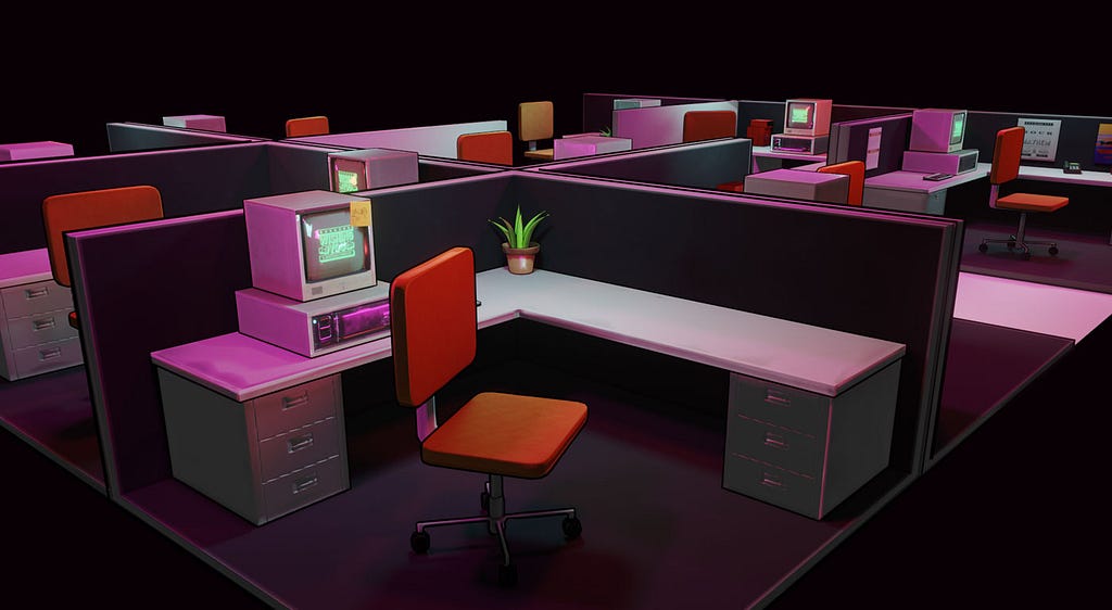 Early office setting exploration of cubicle and desks for the game environment