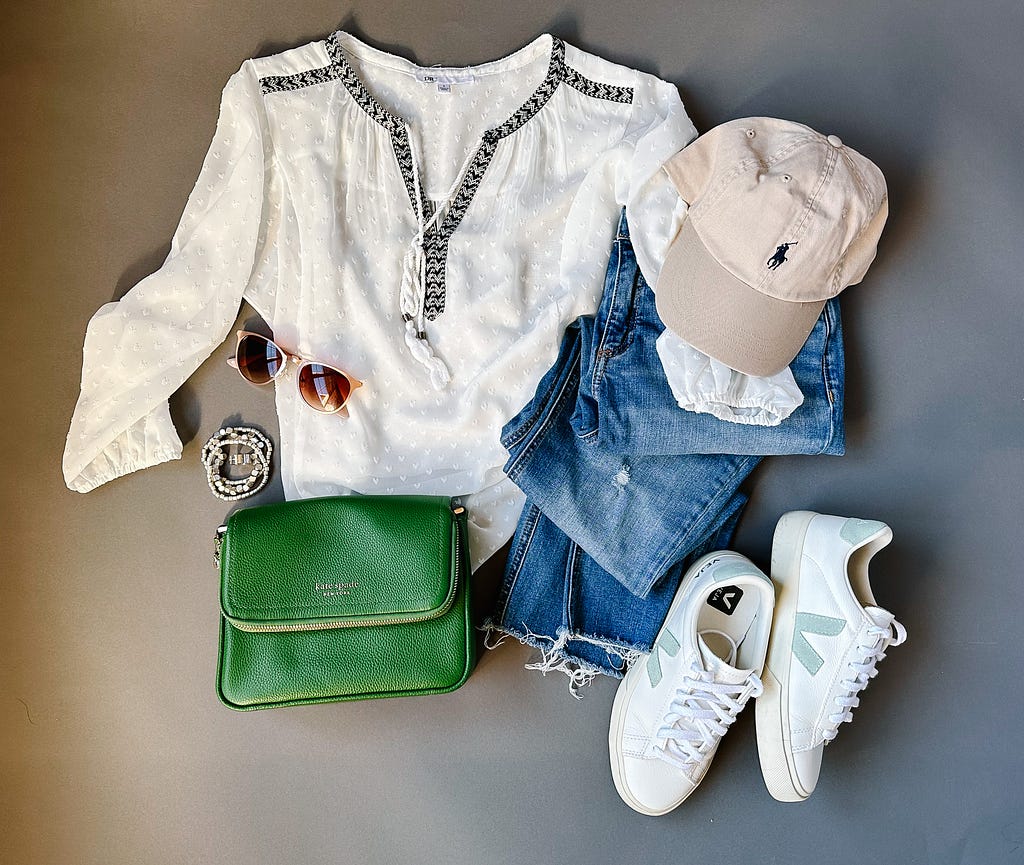 jeans, akte spade purse, veja sneakers, polo baseball hat