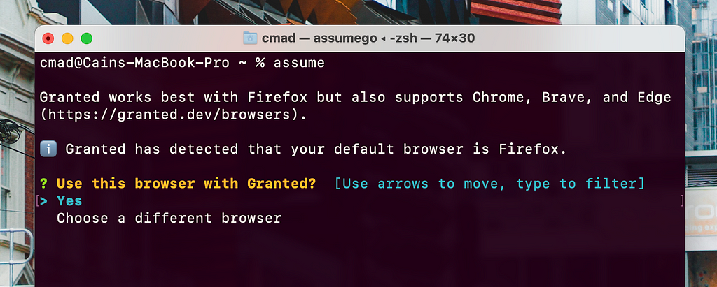 A screenshot of Granted’s install wizard. It’s asking which browser I want to use.