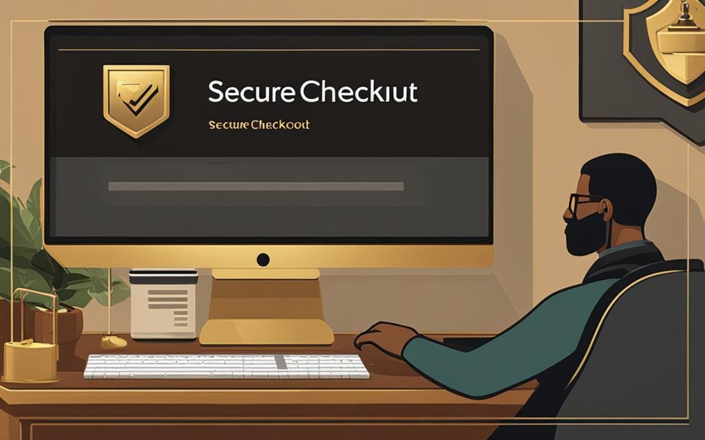 Create an image of a person sitting at their computer, with their hand on a mouse, looking satisfied and assured as they view a website with the words “Secure checkout” displayed prominently. In the background, have a subtle gold hue to the room and perhaps a framed picture of a gold bar on the desk. Add a small icon of a lock or shield to give a sense of security while purchasing online.