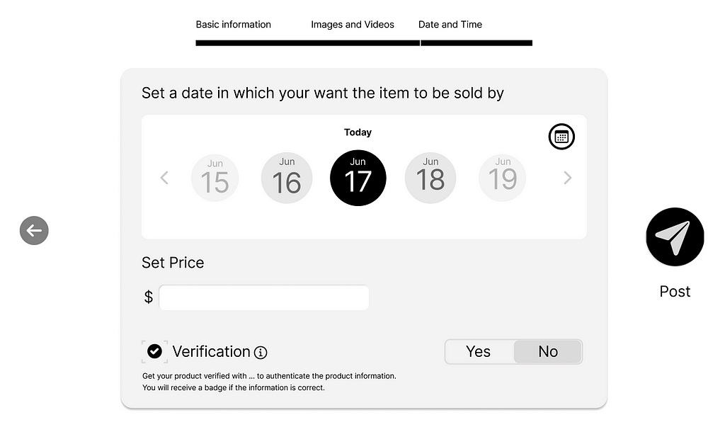 Low-fidelity UI sample for the Sell Settings part of the platform
