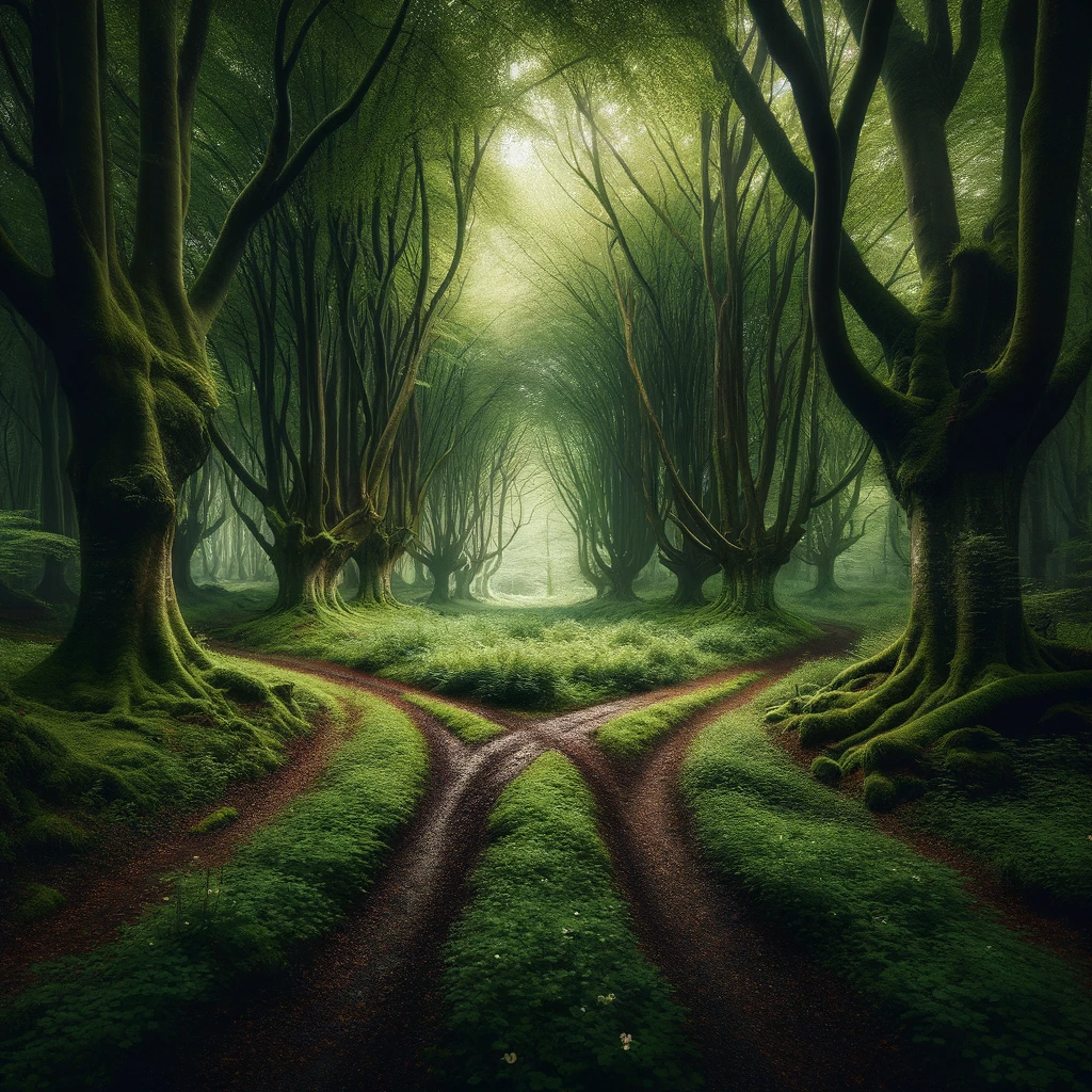 crossroads in the middle of a melancholic forest