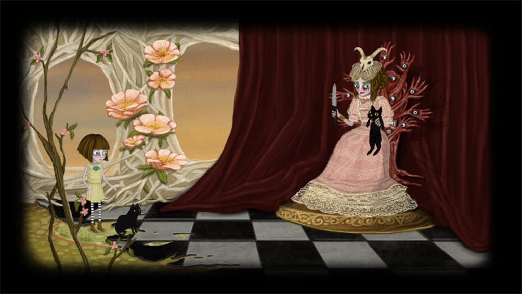 Una captura de pantalla del juego. Fran contempla una figura en un trono de manos, amenazando con un cuchillo a un gato.